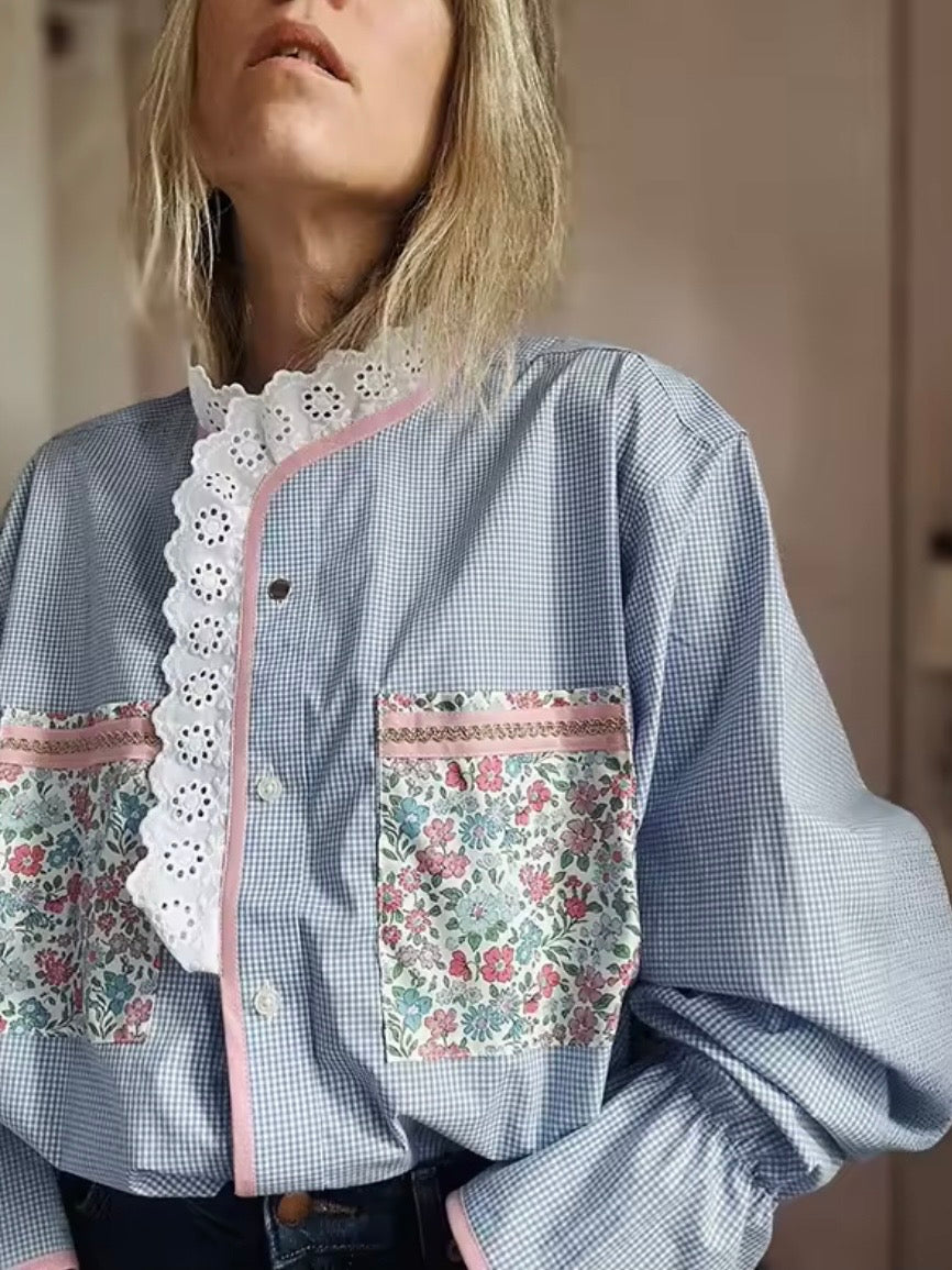 Light Blue and white checkered floral pocket shirt