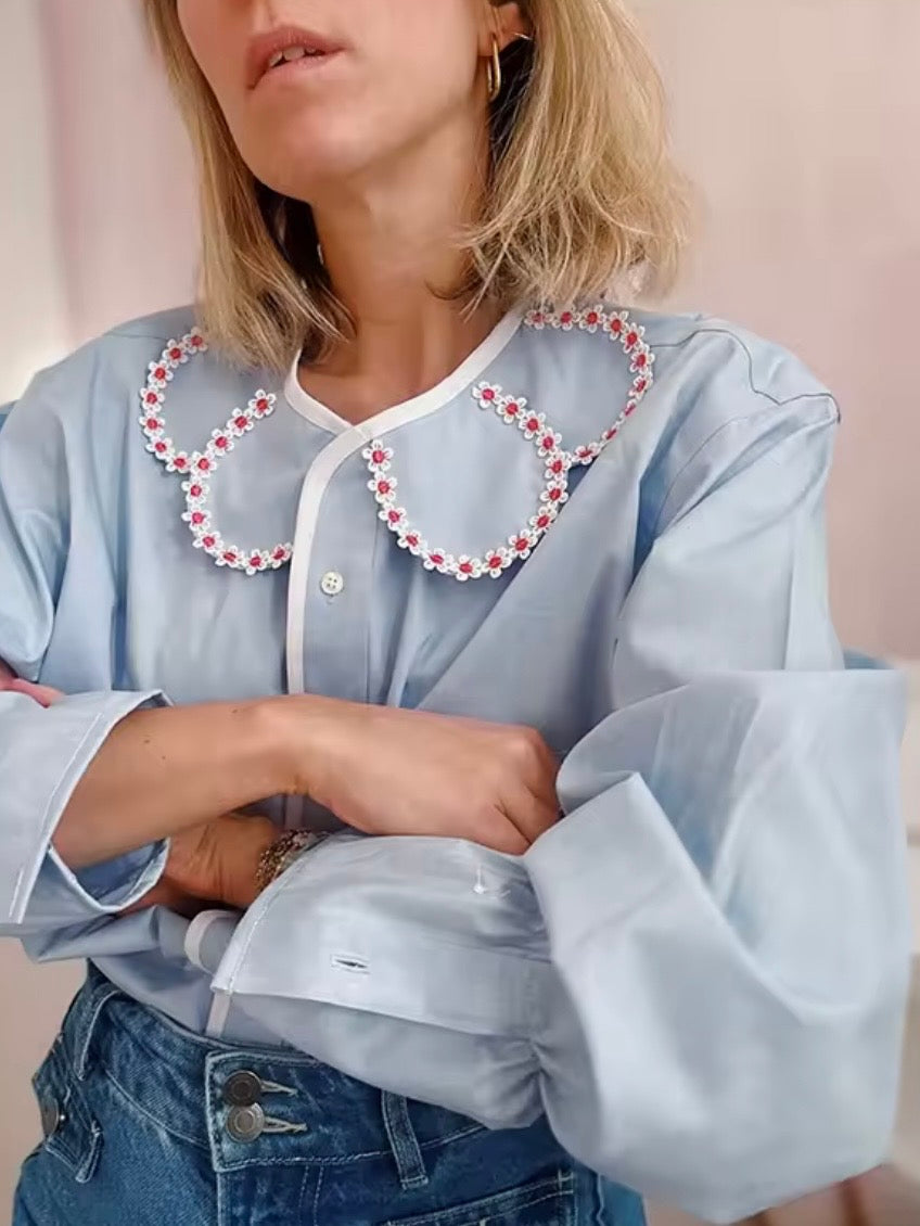 Light Blue floral neck embroidered shirt