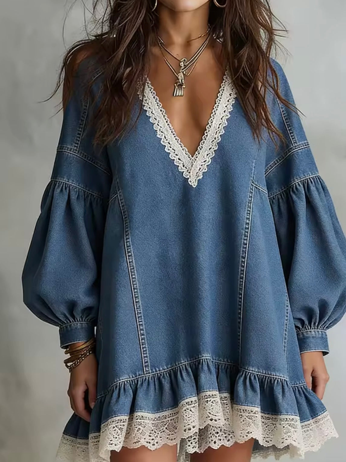 Blue denim and beige lace trim edge long sleeves short mini dress