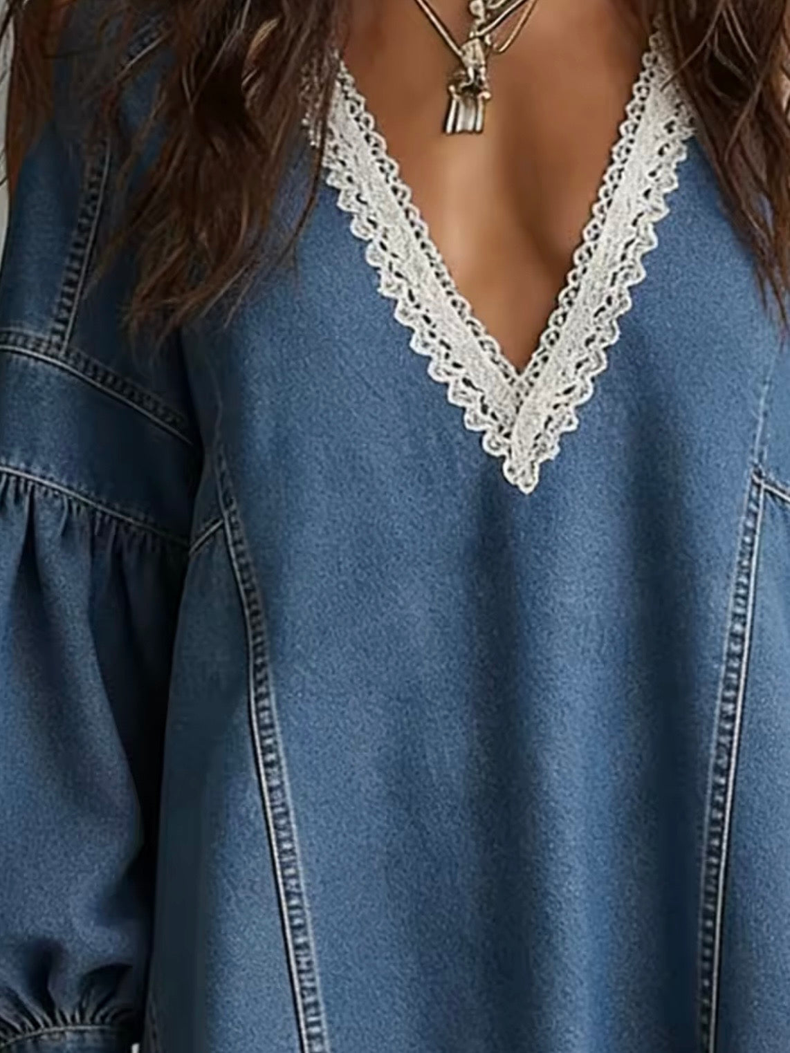 Blue denim and beige lace trim edge long sleeves short mini dress