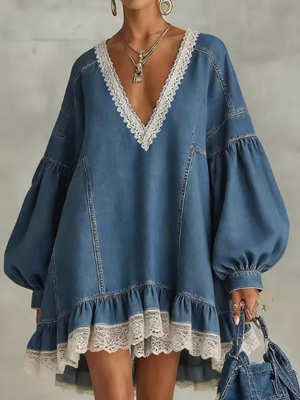 Blue denim and beige lace trim edge long sleeves short mini dress