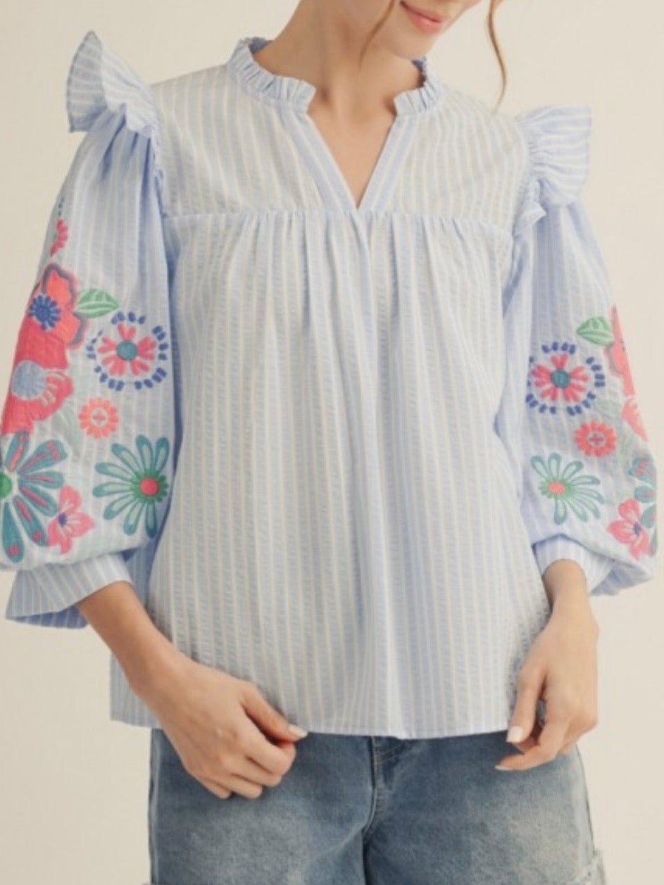 Striped blue and white floral embroidered 3/4 long sleeves shirt