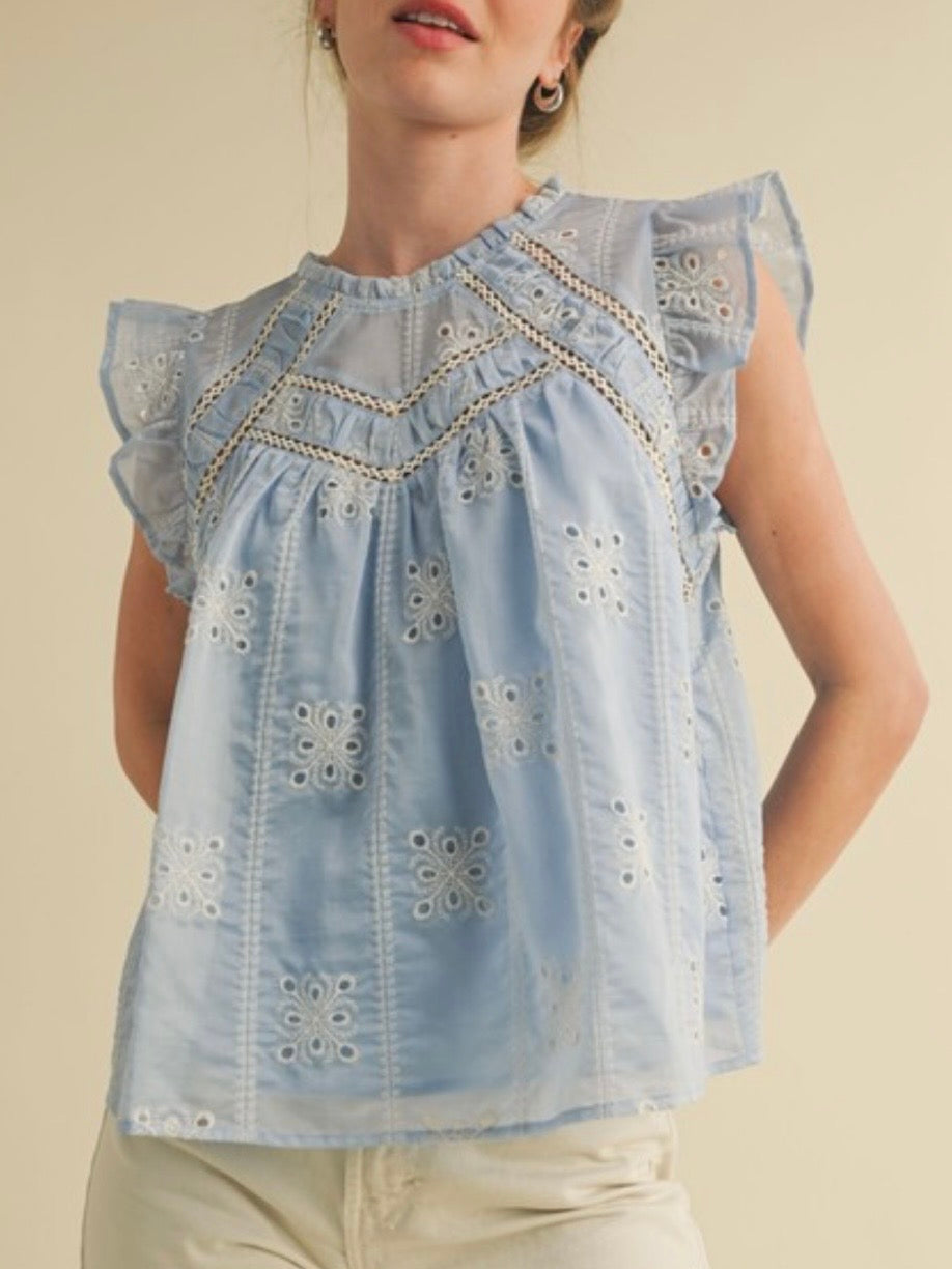 Blue lace floral embroidered top