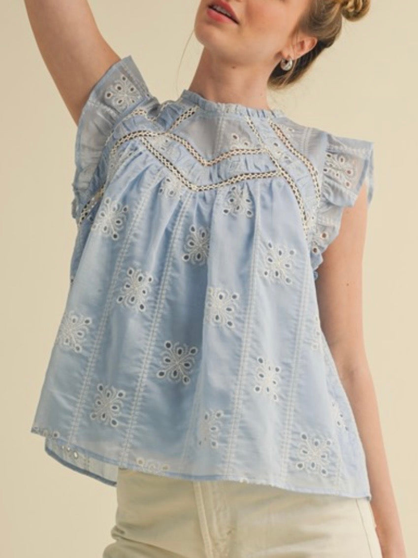 Blue lace floral embroidered top