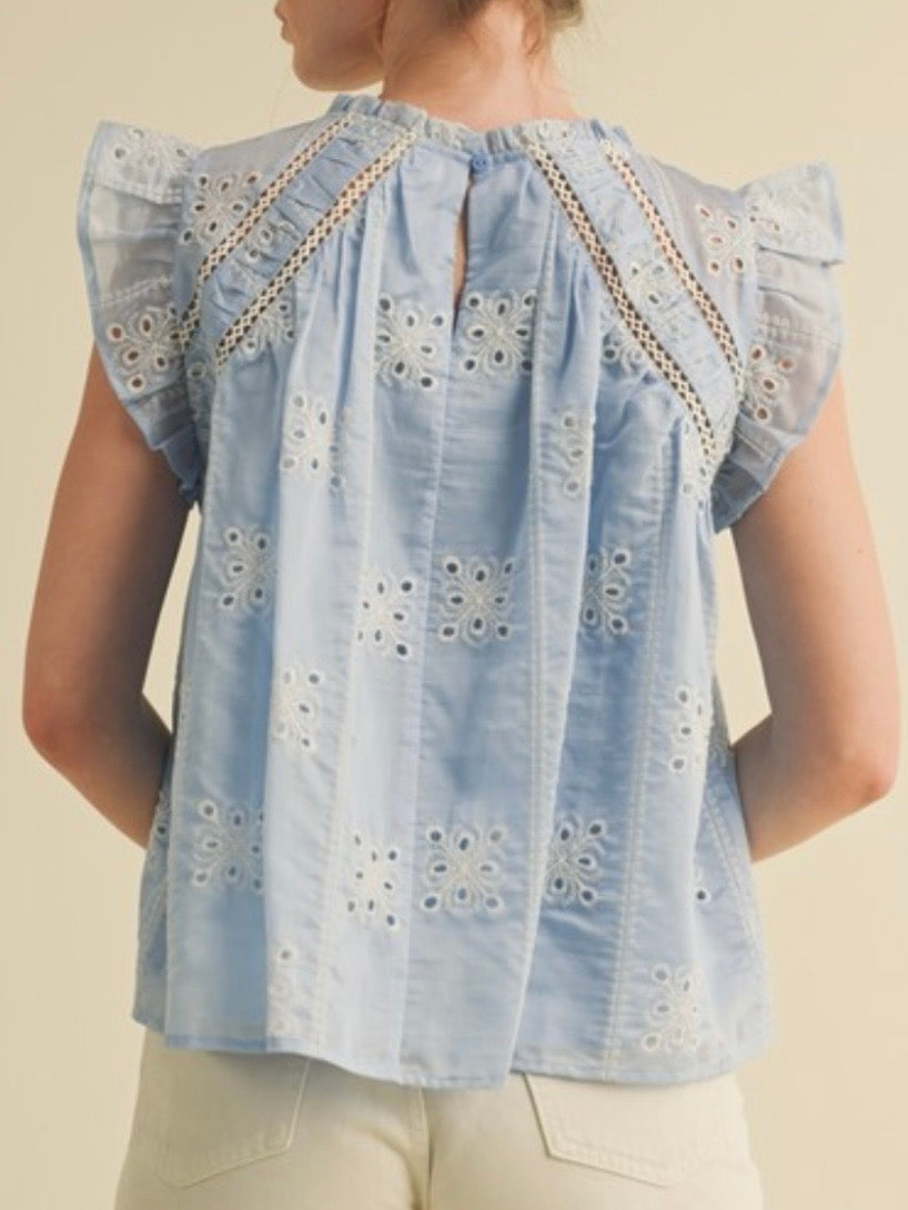 Blue lace floral embroidered top