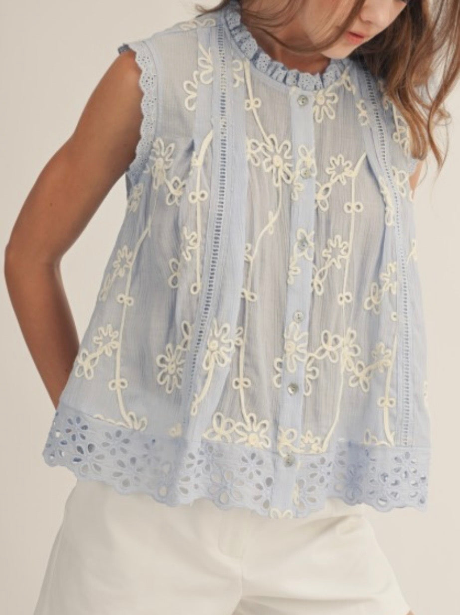 Blossoms delicate Light blue lace floral embroidered top