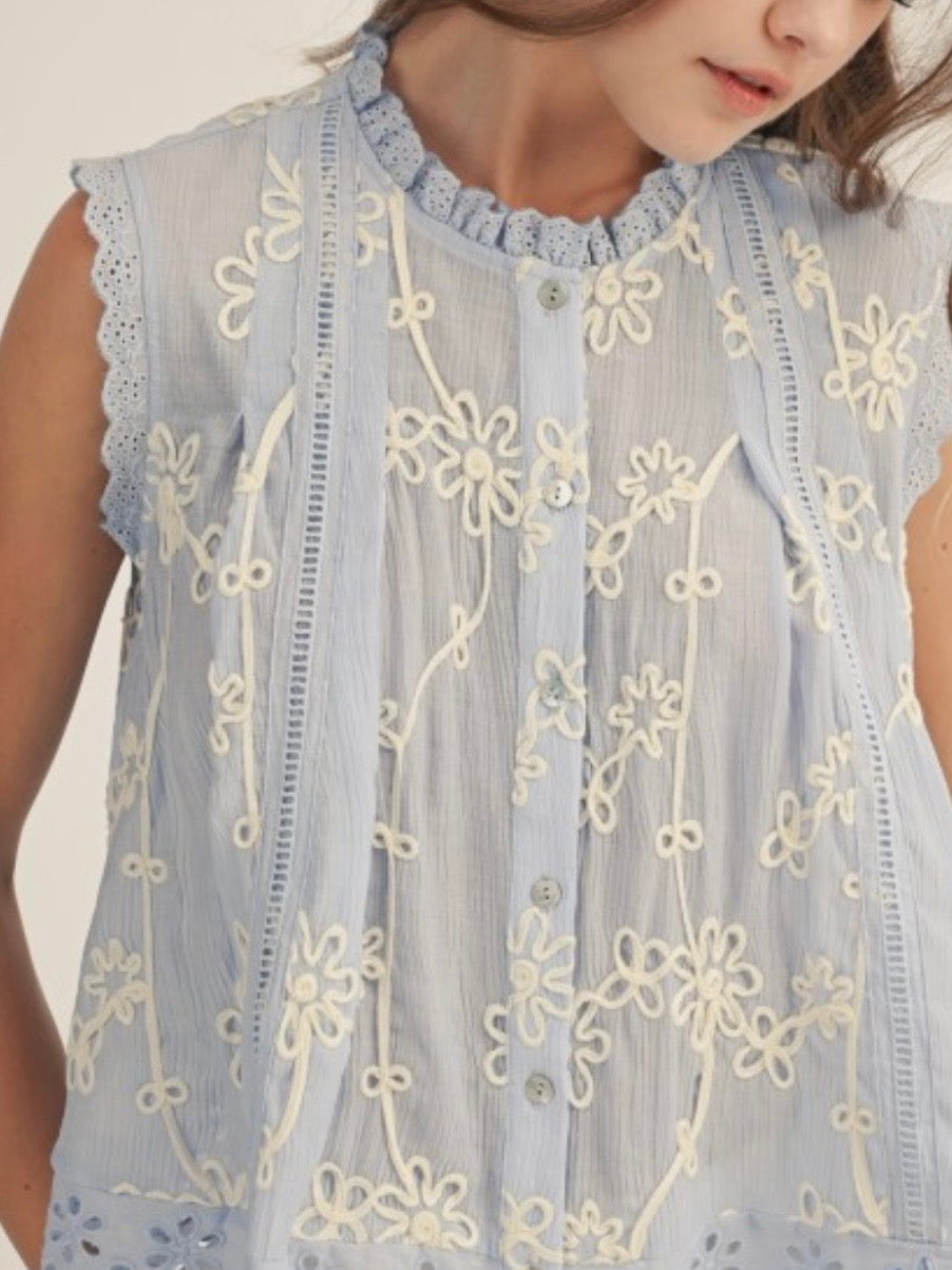 Blossoms delicate Light blue lace floral embroidered top