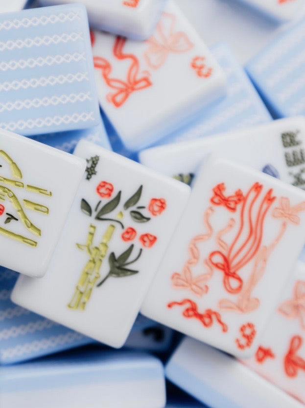 White and light blue Mahjong tiles set