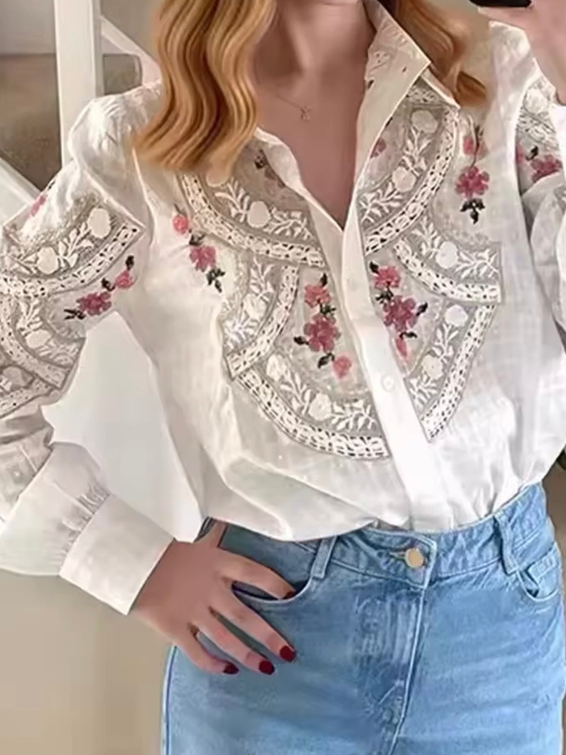 White embroidered floral long sleeves shirt