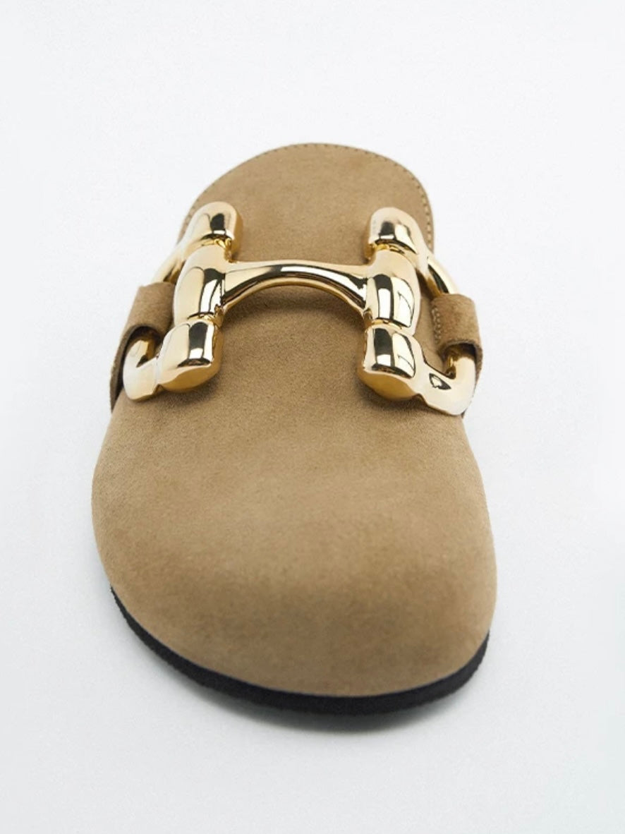 Beige suede slides and gold metallic detail round toe flats shoes