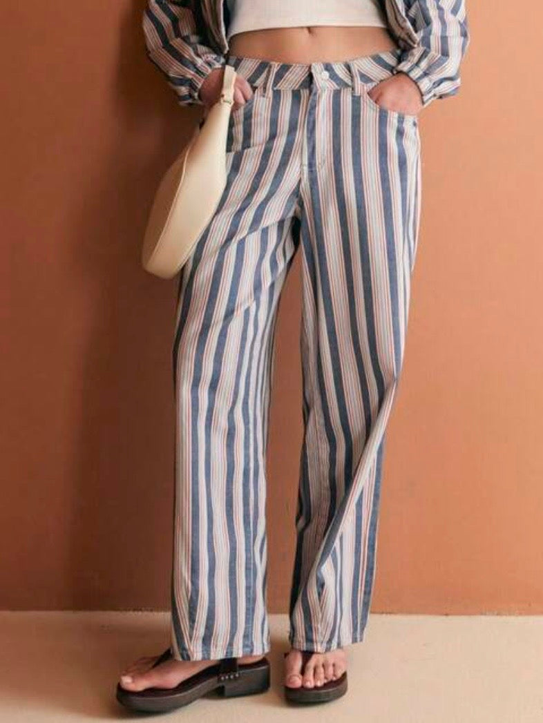 Blue, red and white striped print Pattern wide Pants