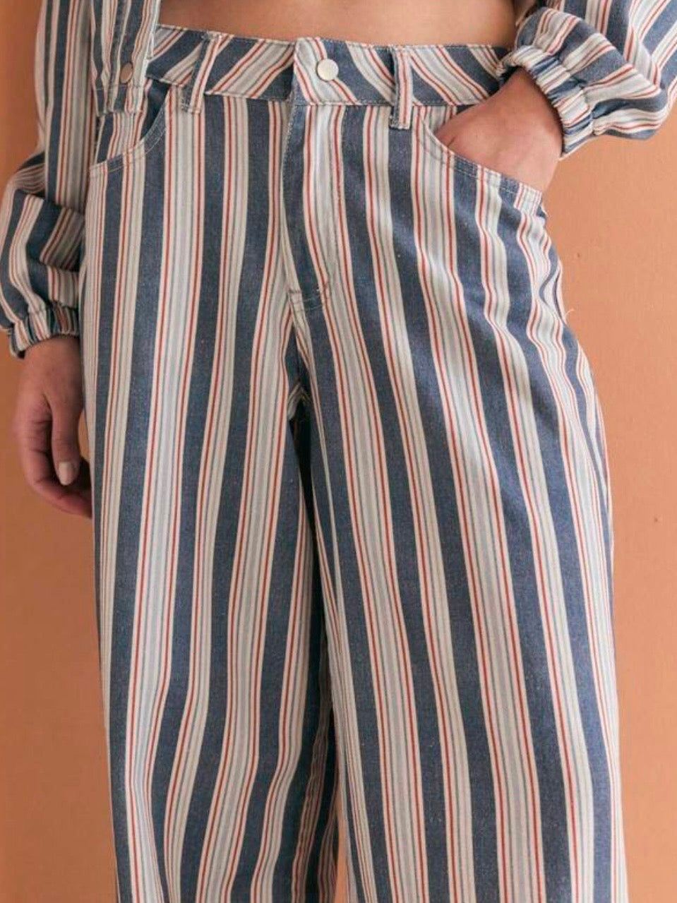 Blue, red and white striped print Pattern wide Pants