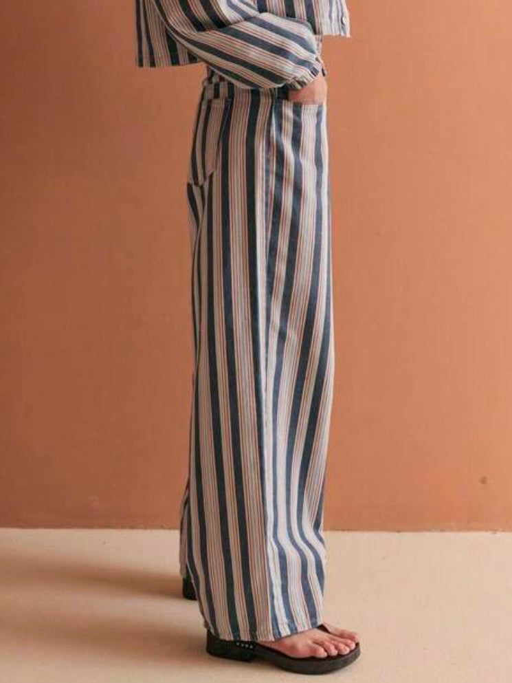 Blue, red and white striped print Pattern wide Pants