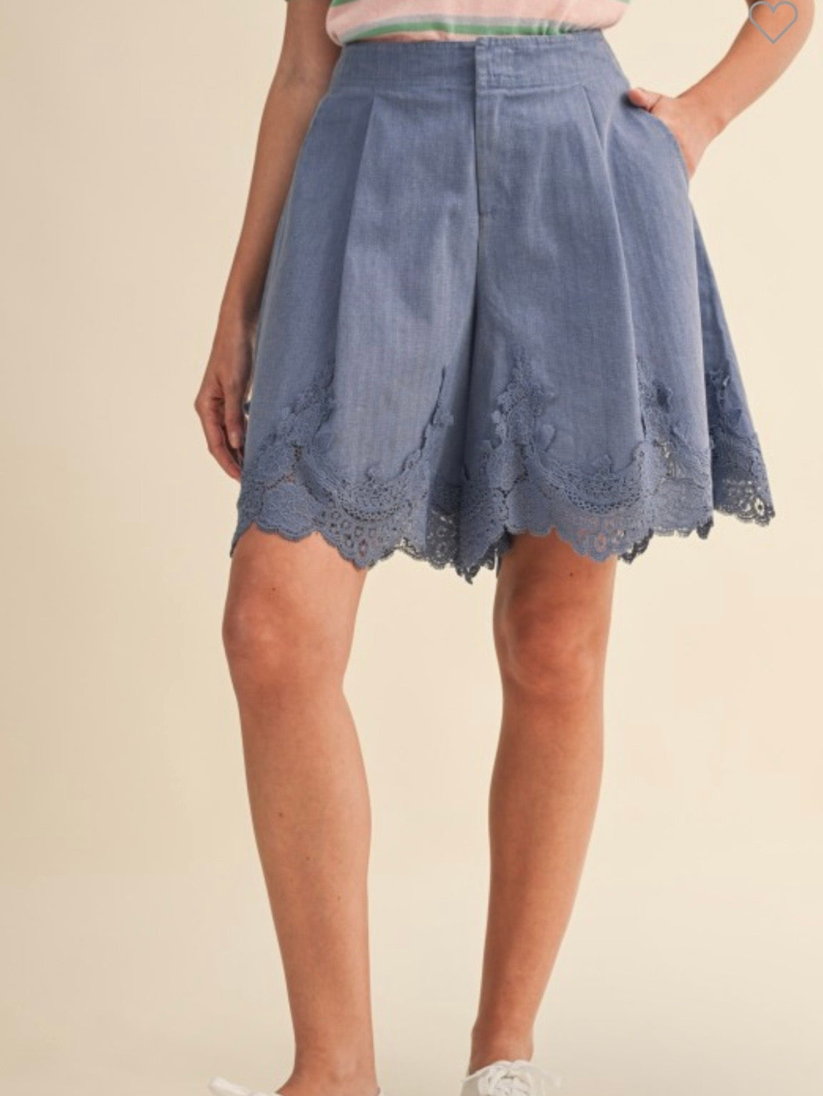 Light blue denim and green twill pleated lace shorts pants