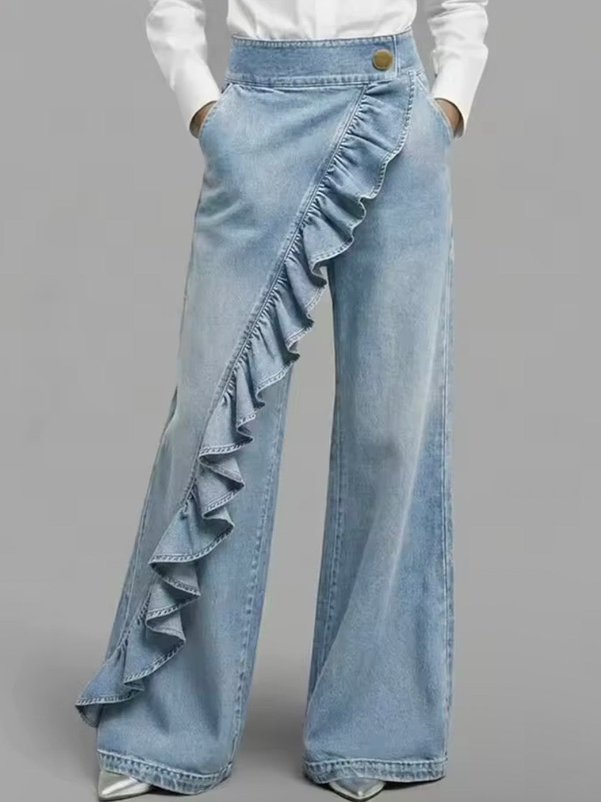 Blue and black long crossed side leg waist ruffle pants