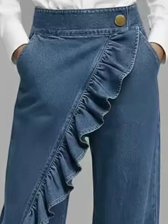 Blue and black long crossed side leg waist ruffle pants