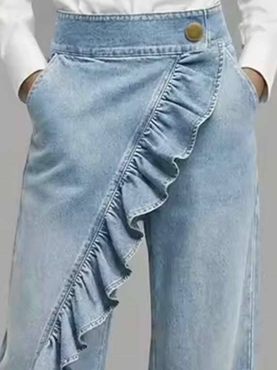 Blue and black long crossed side leg waist ruffle pants