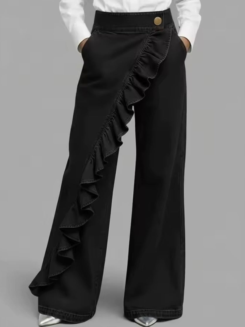 Blue and black long crossed side leg waist ruffle pants