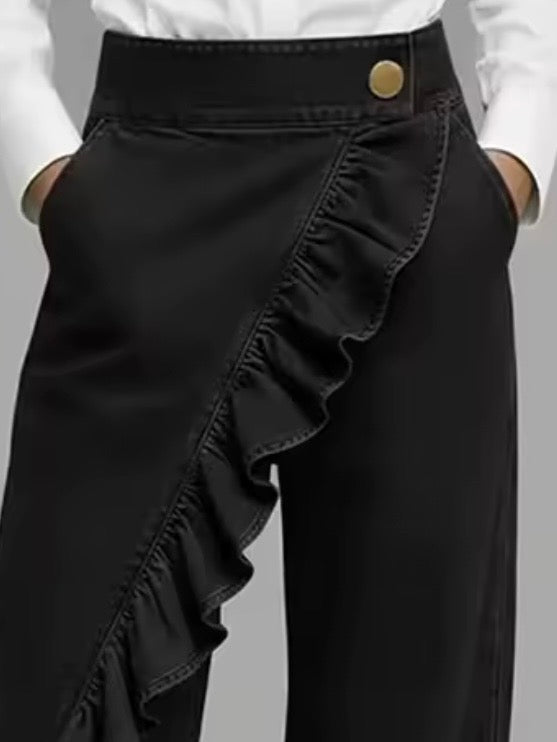 Blue and black long crossed side leg waist ruffle pants