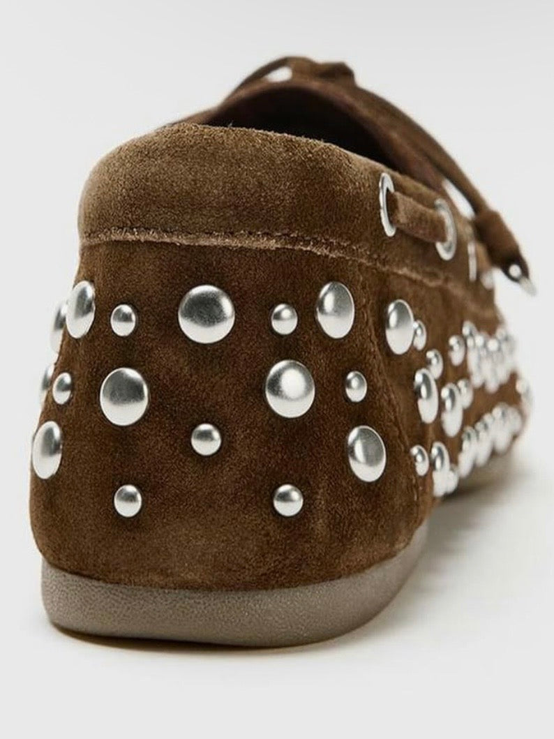 Brown Studded suede slip on loafers moccasins shoes