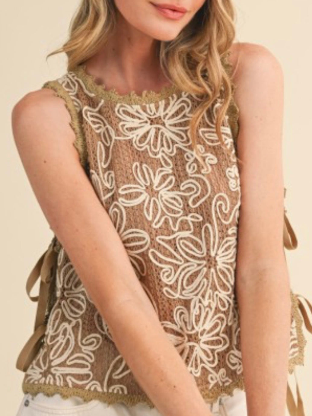 Beige crochet floral lace top