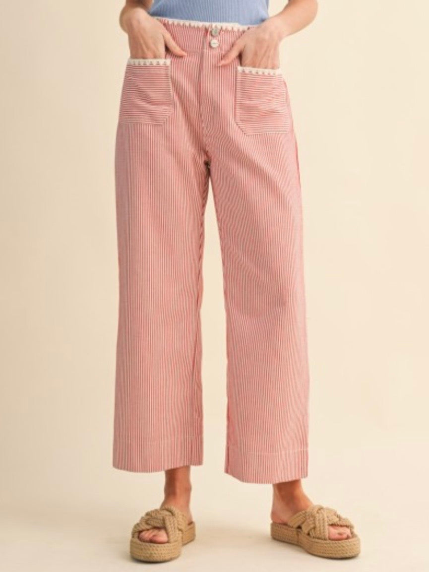 Color striped white fabric straight Capri pants
