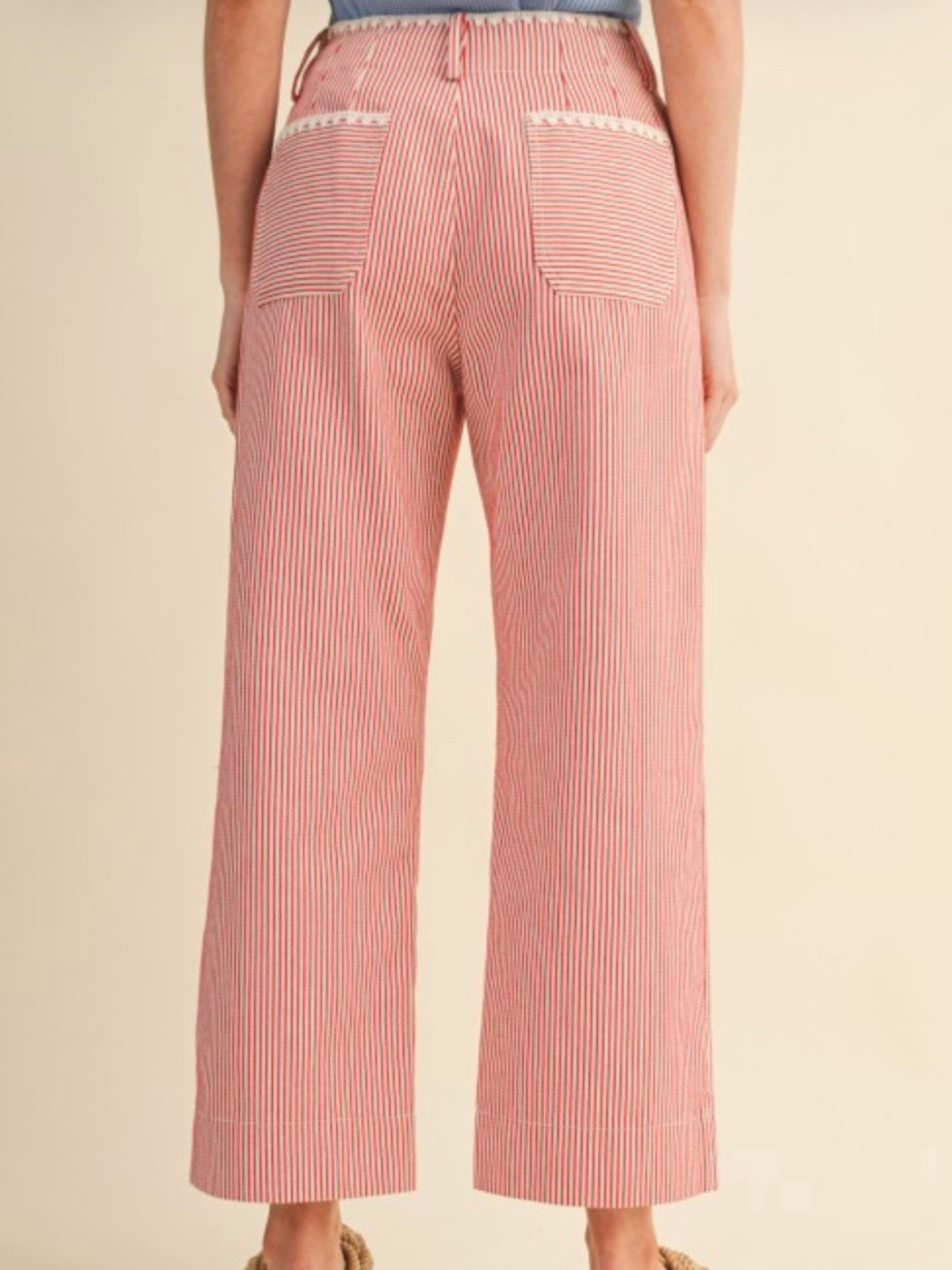 Color striped white fabric straight Capri pants