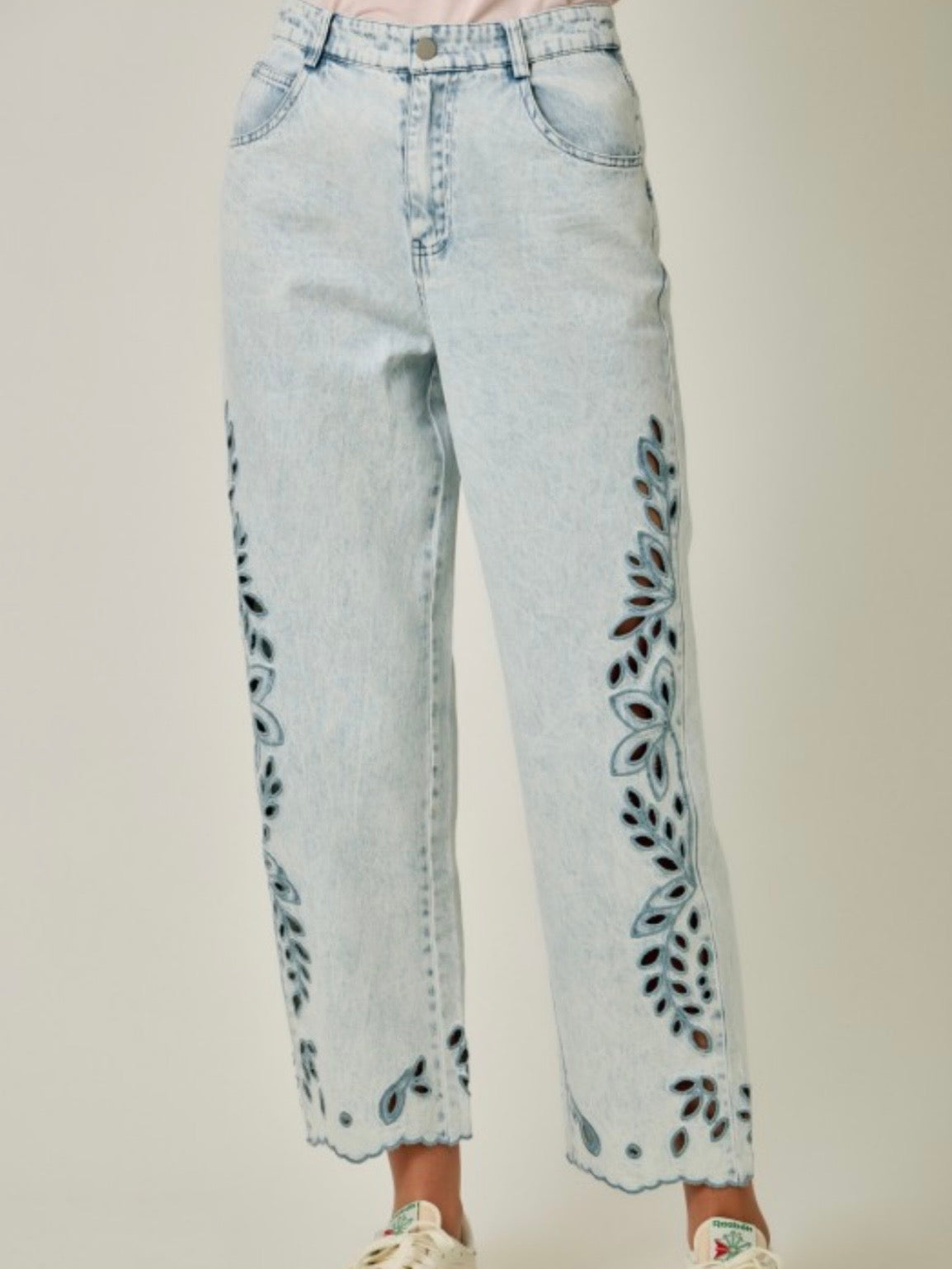 Beige and washed Mid blue denim side cutout details leg Pants