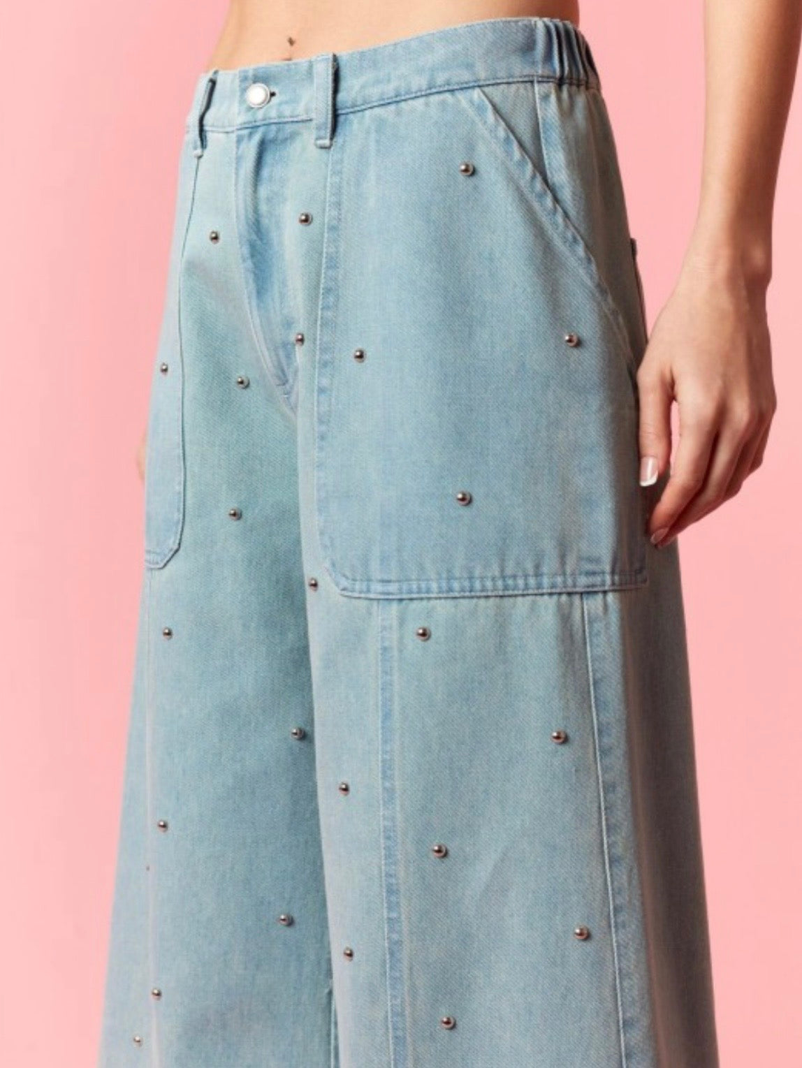 Light Blue stud detail wide leg jeans loose pants