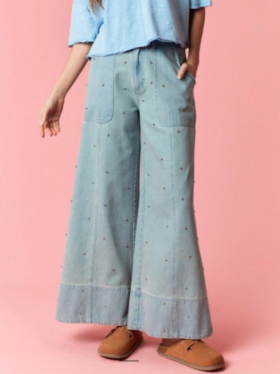Light Blue stud detail wide leg jeans loose pants