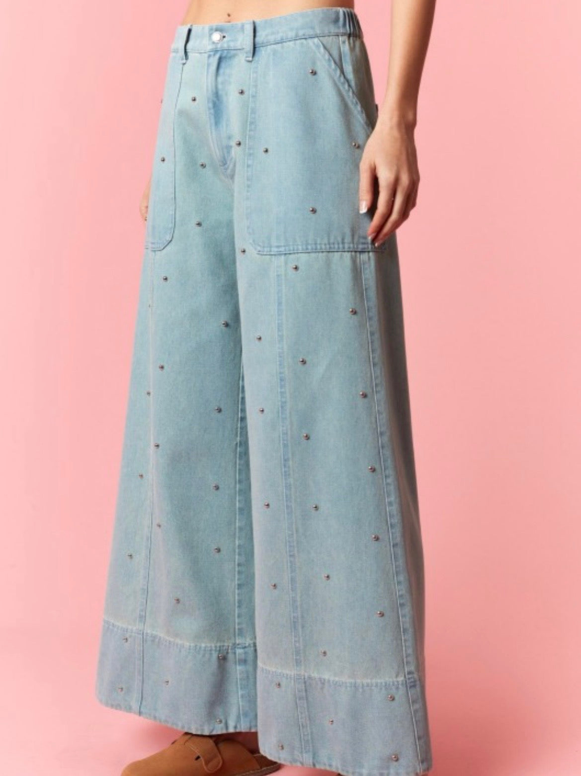 Light Blue stud detail wide leg jeans loose pants