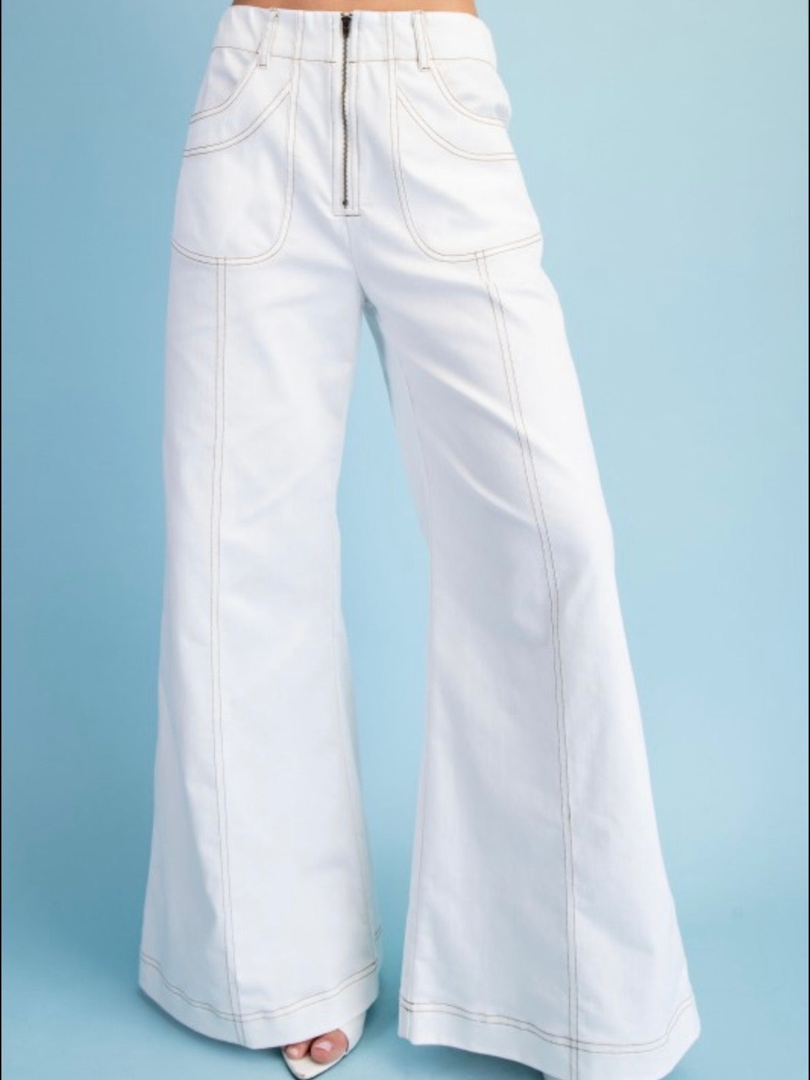 Seams details solid colors zipper front wide leg pants