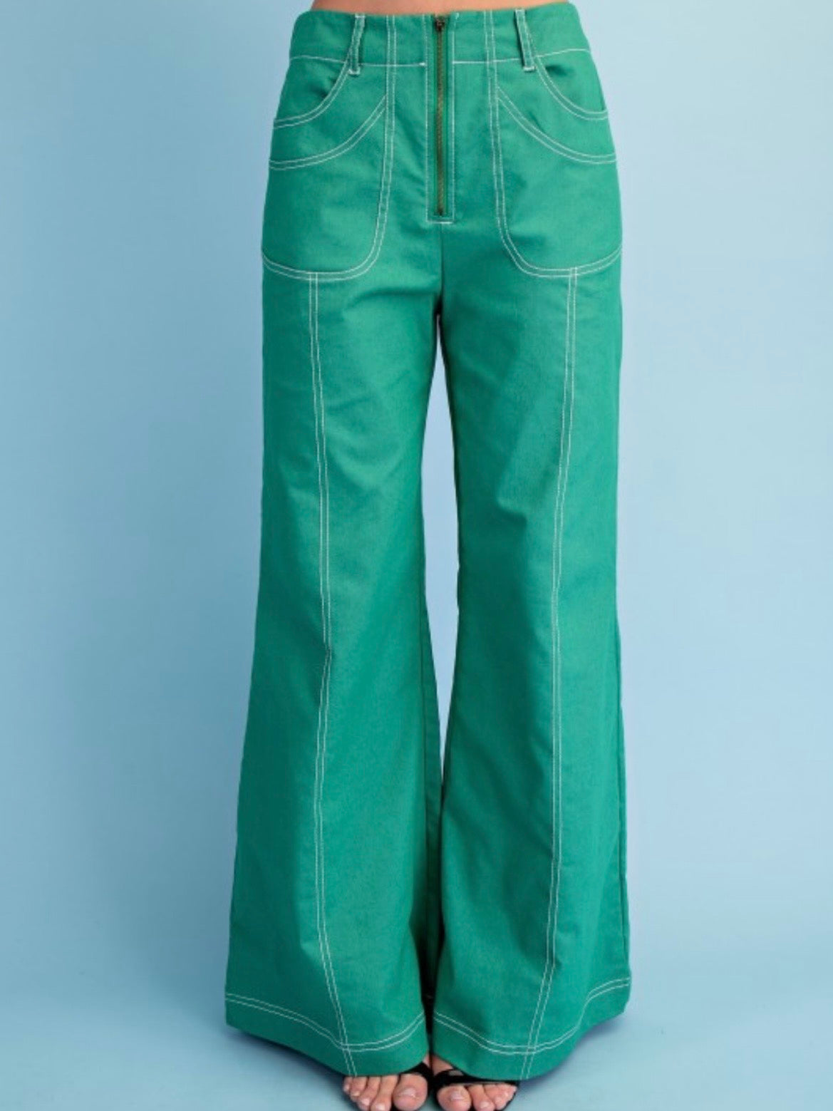 Seams details solid colors zipper front wide leg pants