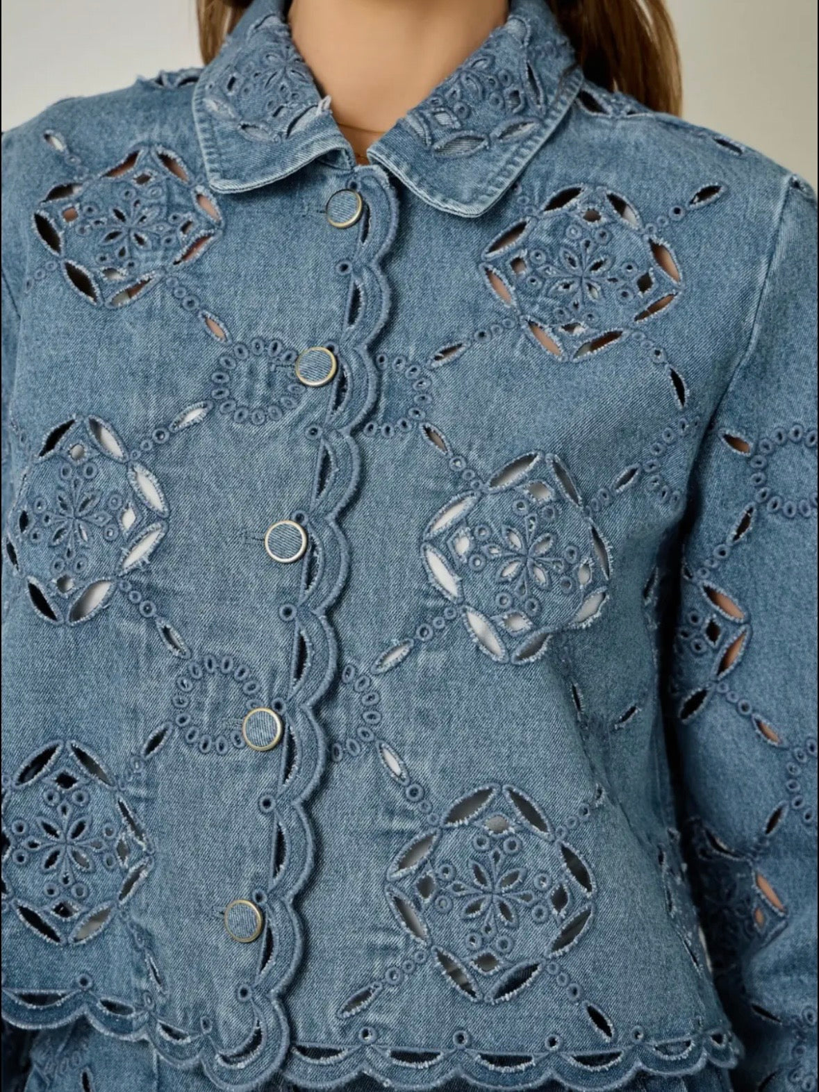 Denim blue - white cutout set jacket and short pants