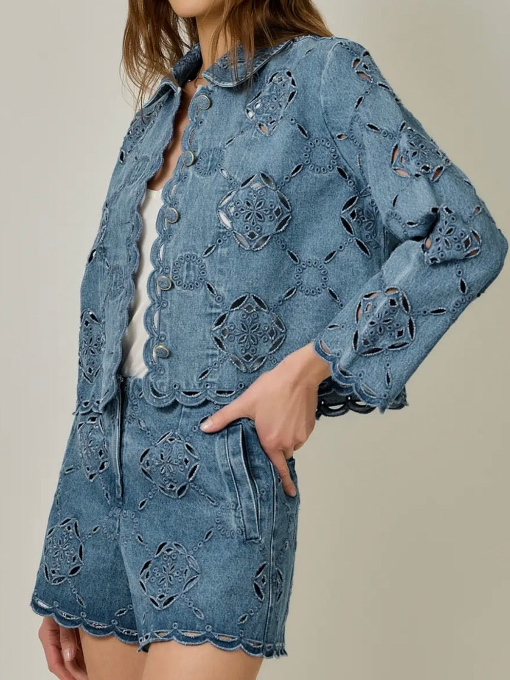 Denim blue - white cutout set jacket and short pants