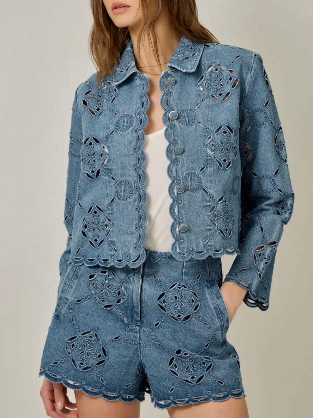 Denim blue - white cutout set jacket and short pants