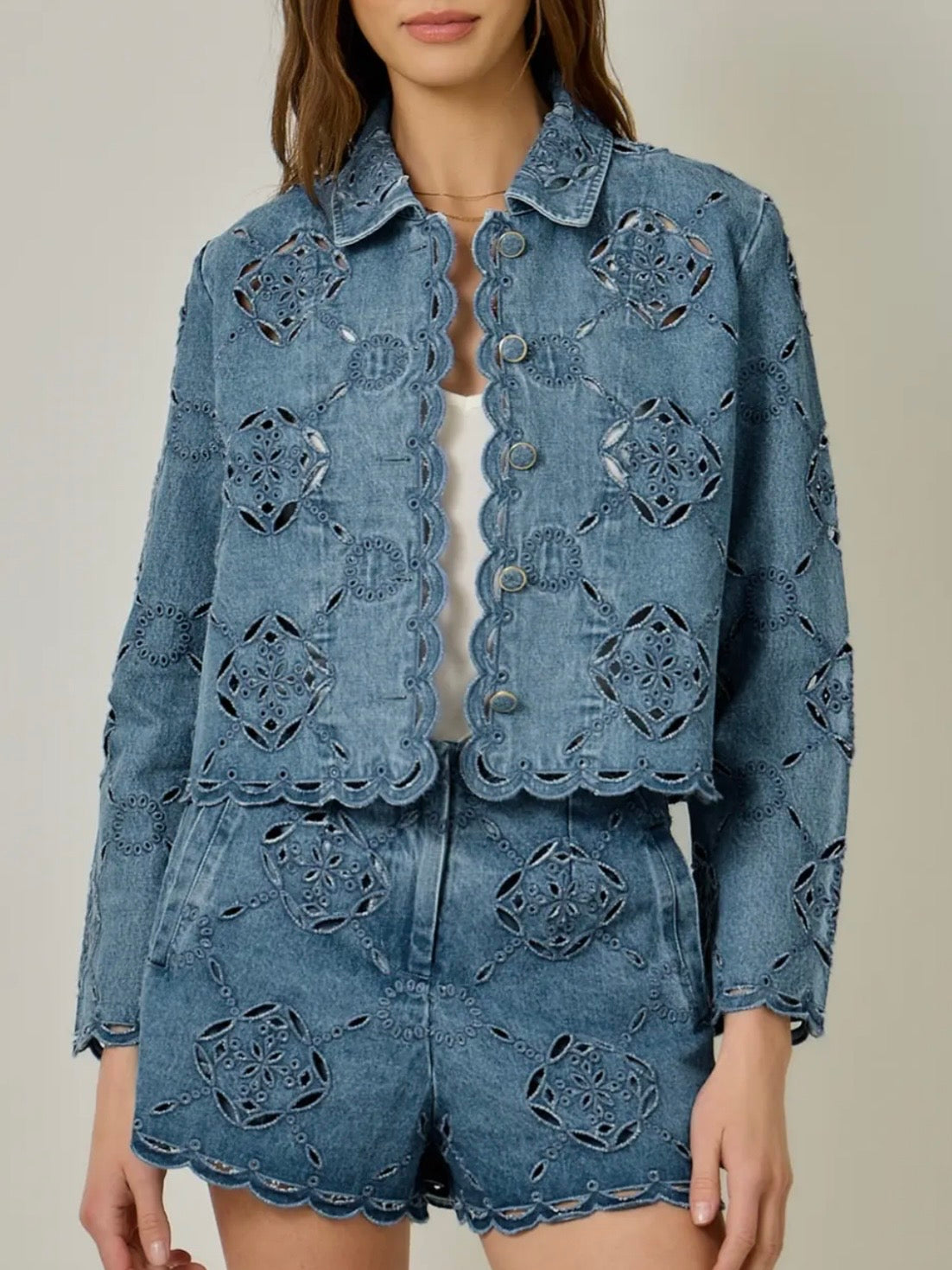 Denim blue - white cutout set jacket and short pants