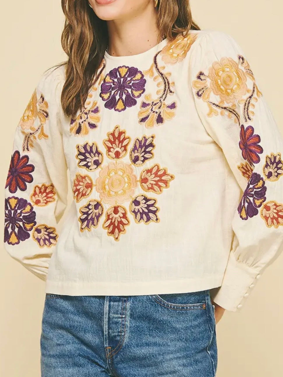 Beige embroidered floral bomber long sleeves shirt