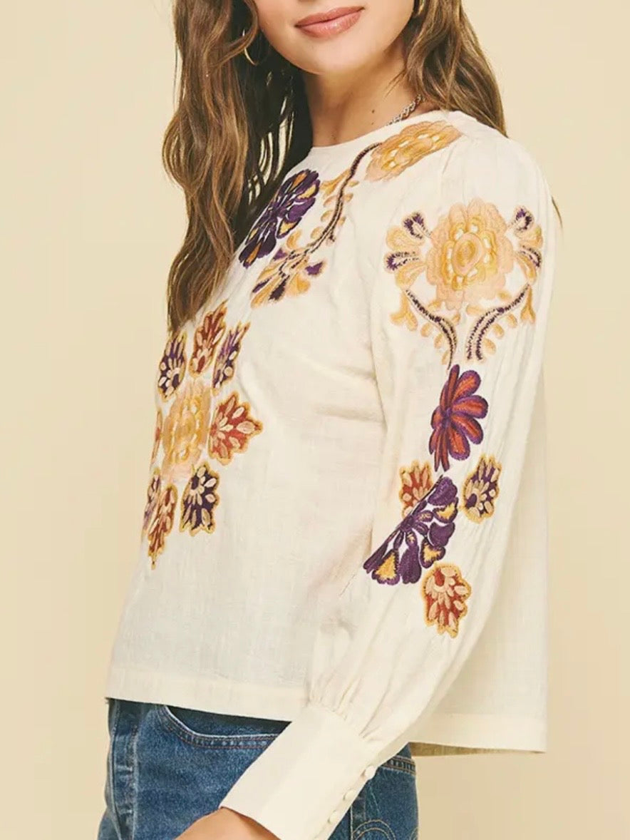 Beige embroidered floral bomber long sleeves shirt