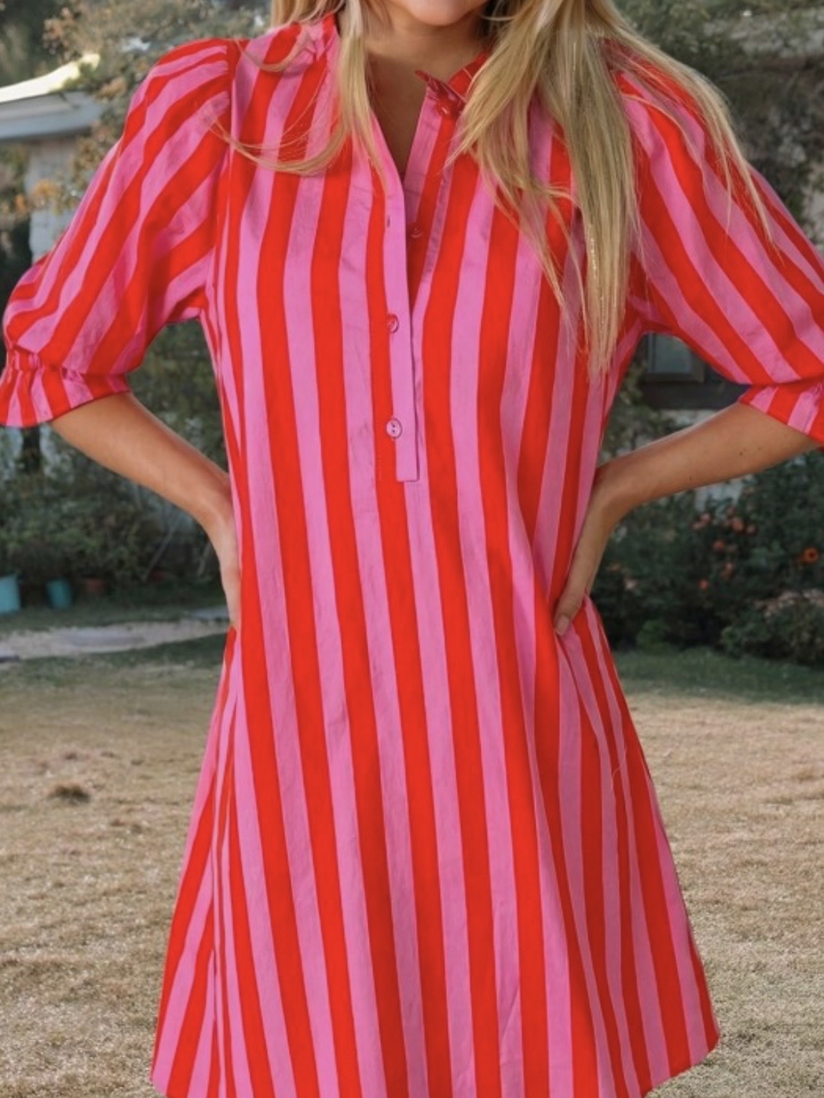 Red and pink striped mini dress