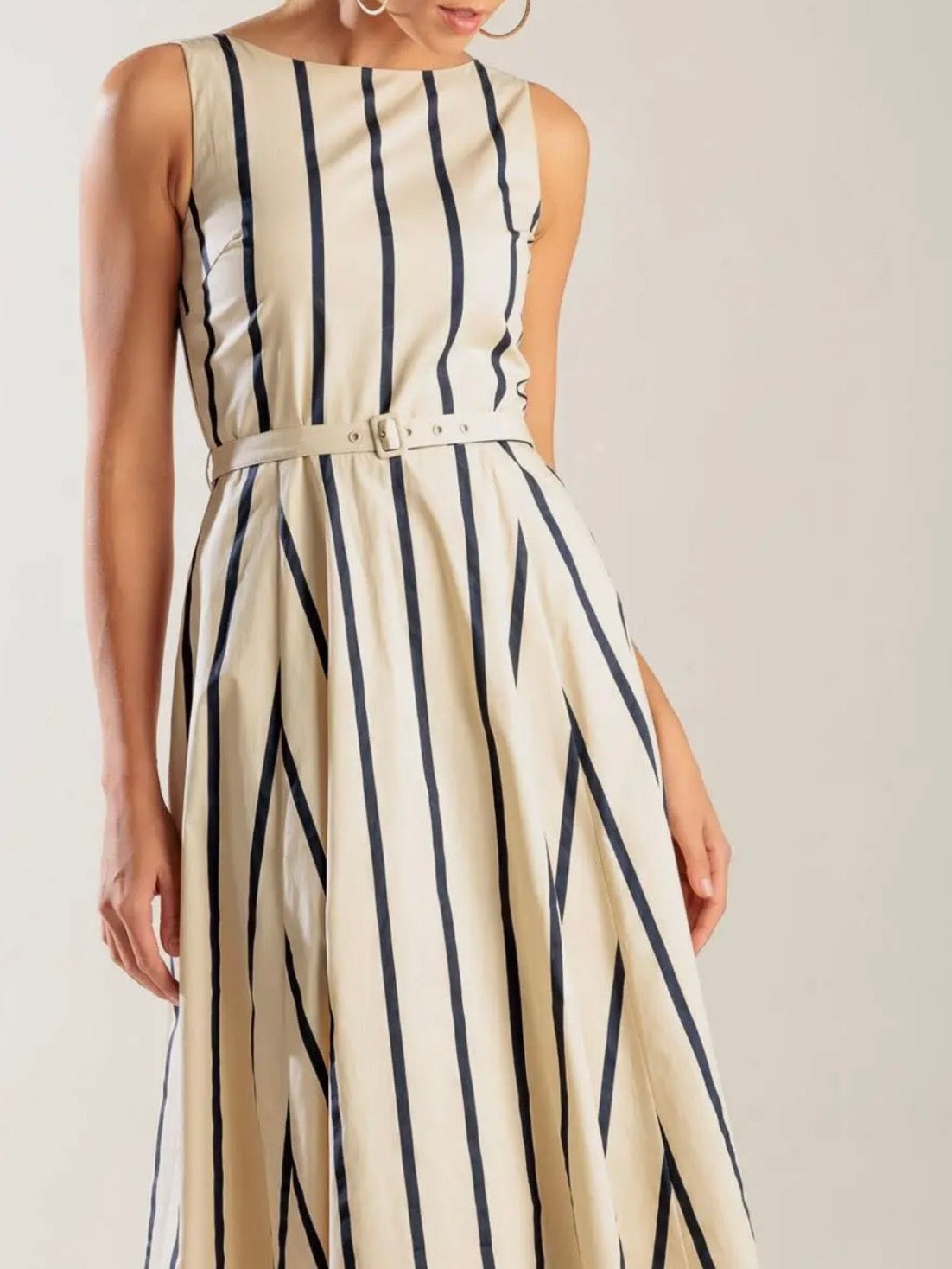 Beige and black striped midi dress