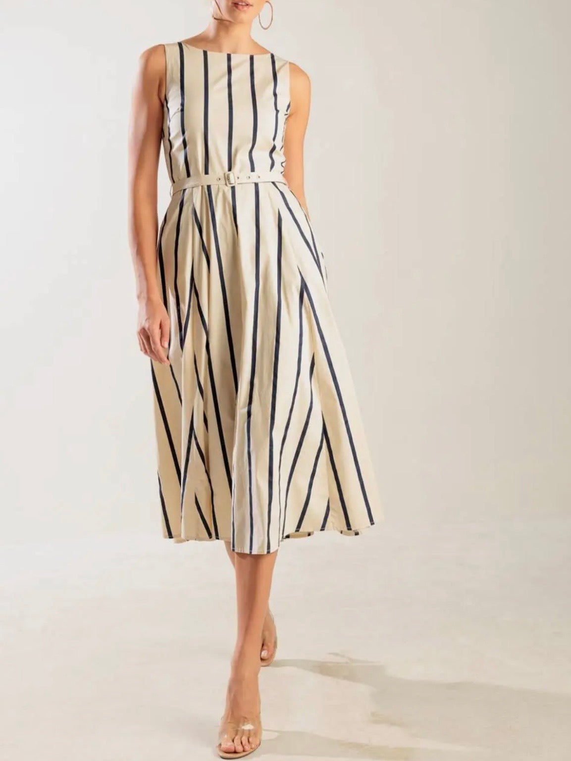 Beige and black striped midi dress