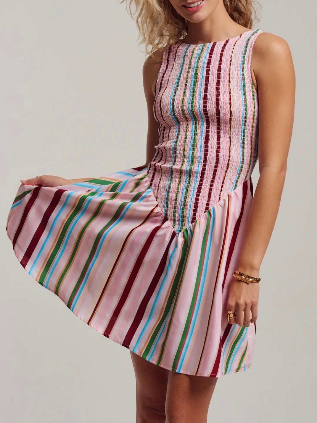 Pink multicolored striped draped mini dress