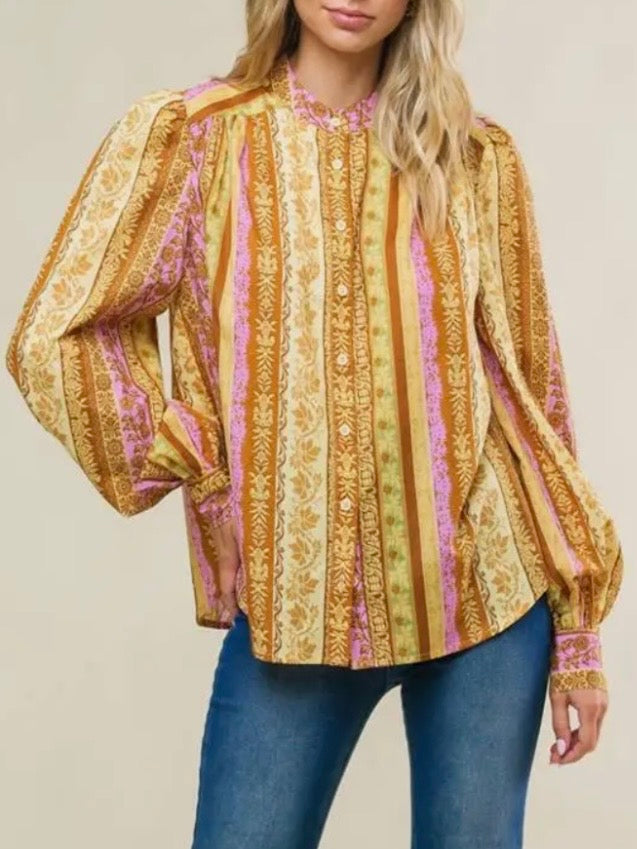 Yellow striped floral bomber long sleeves shirt