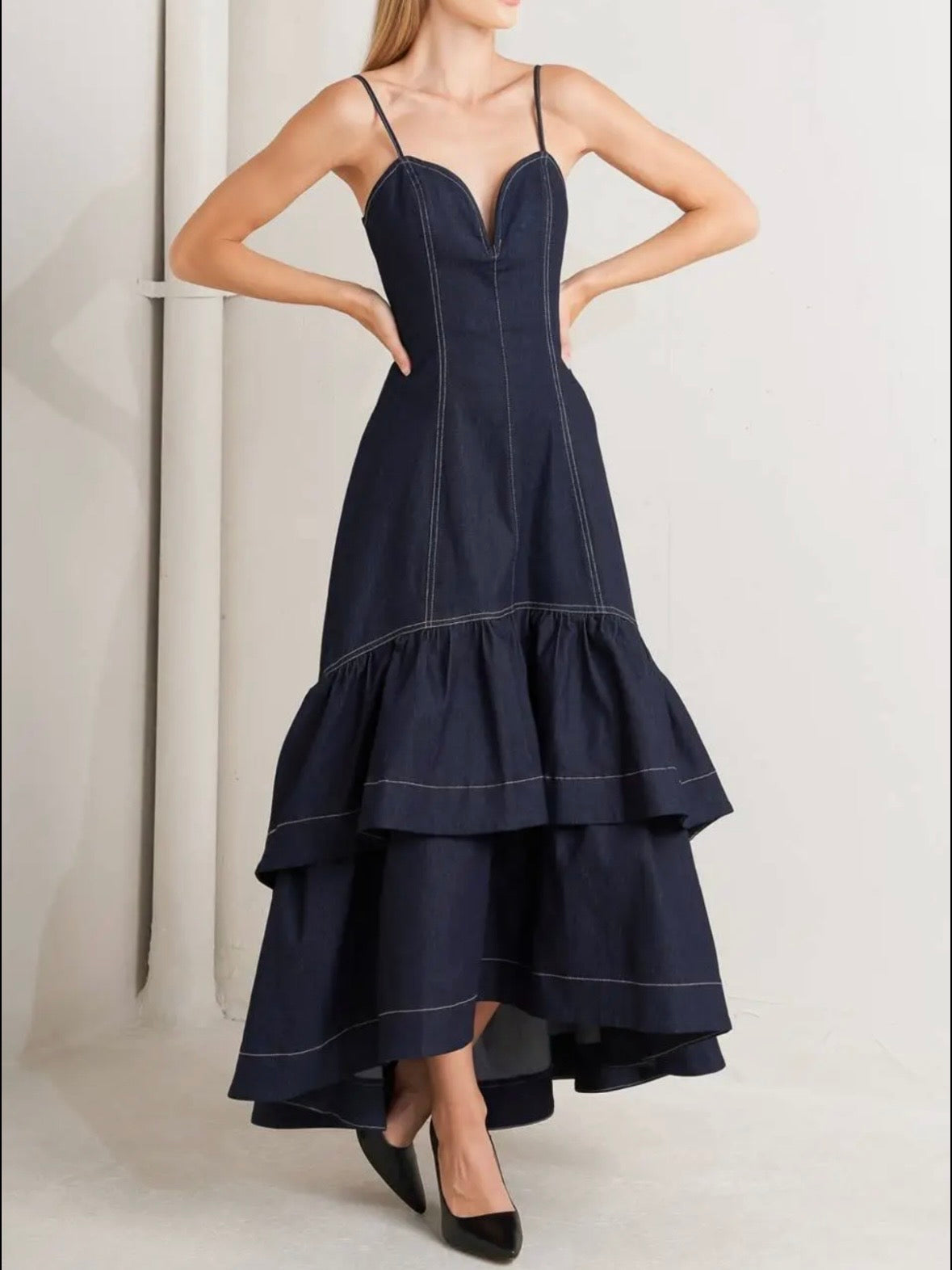 Navy blue ruffles deep V-neck straps maxi dress