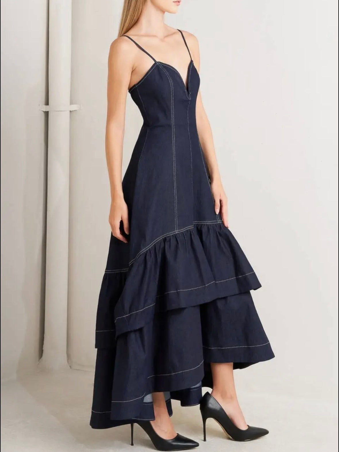 Navy blue ruffles deep V-neck straps maxi dress