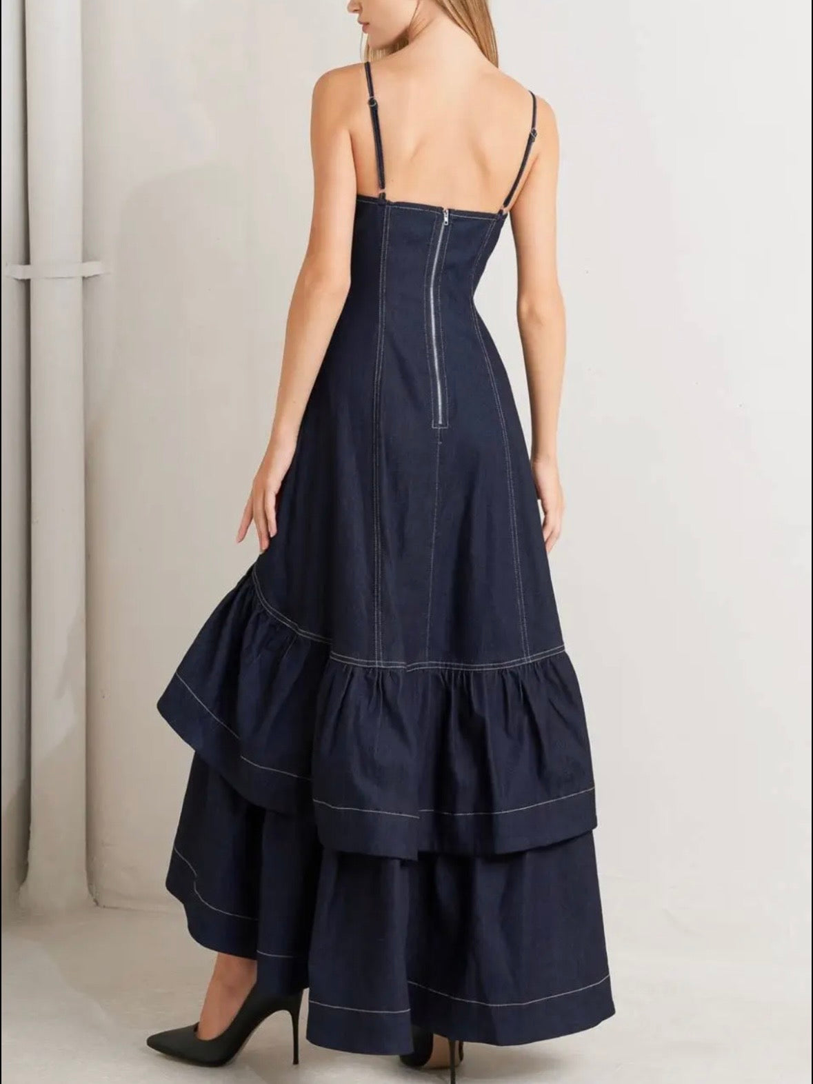 Navy blue ruffles deep V-neck straps maxi dress