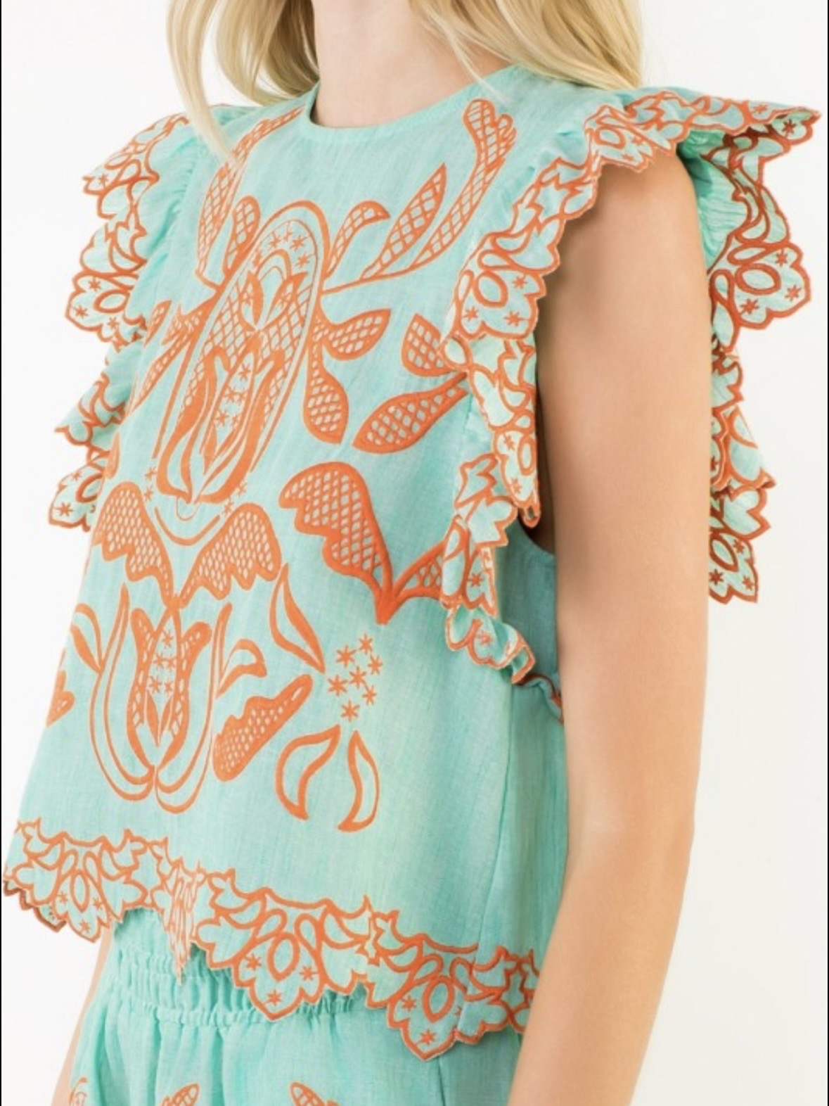 Turquoise mint and orange lace fabric set of 2 shirt and shorts pants