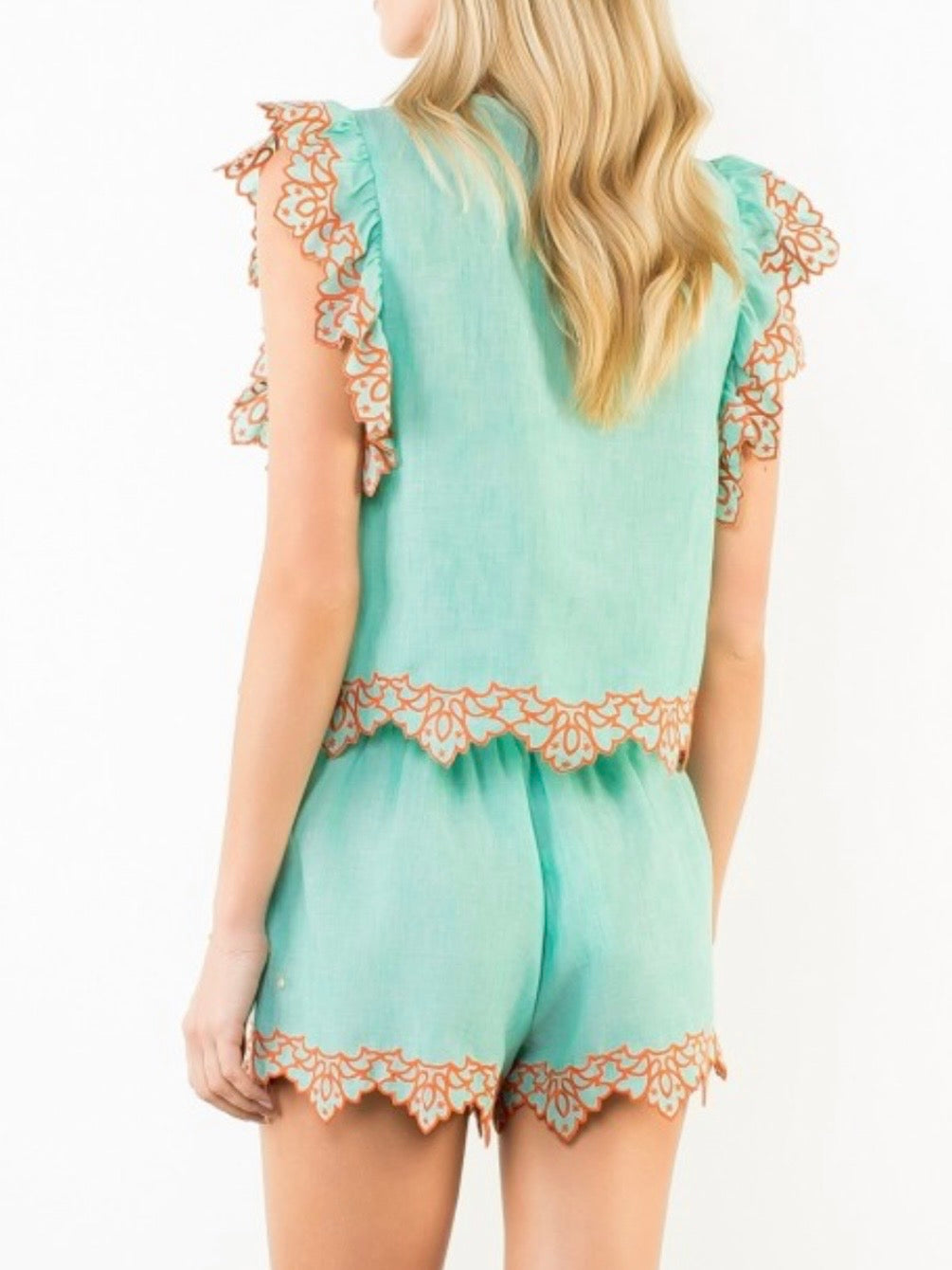 Turquoise mint and orange lace fabric set of 2 shirt and shorts pants