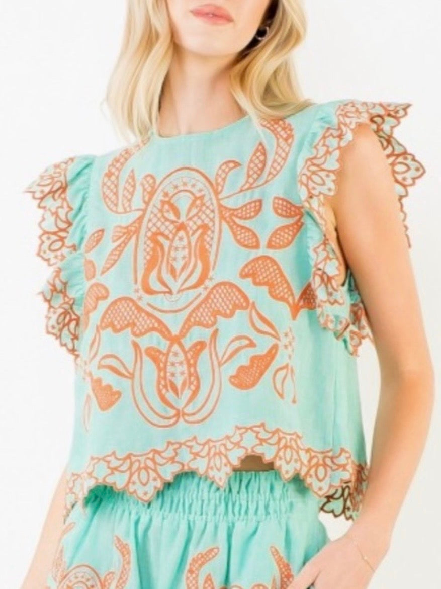 Turquoise mint and orange lace fabric set of 2 shirt and shorts pants
